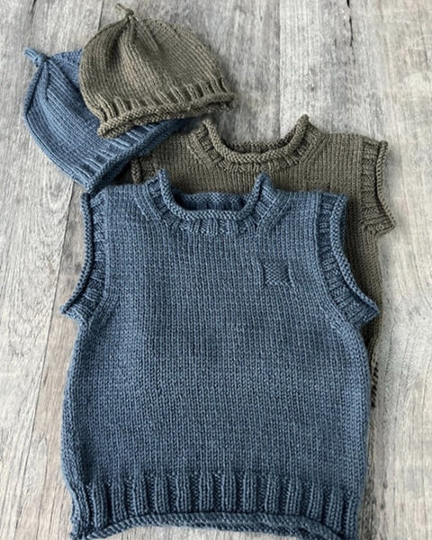 The Kiwi Stitch and Knit Co Rudy Rolled Edge Vest and Hat.