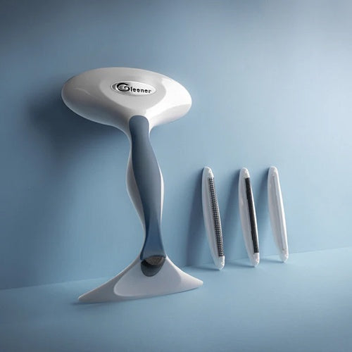 Gleener manual fabric shaver with three interchangeable edges on a pale blue background