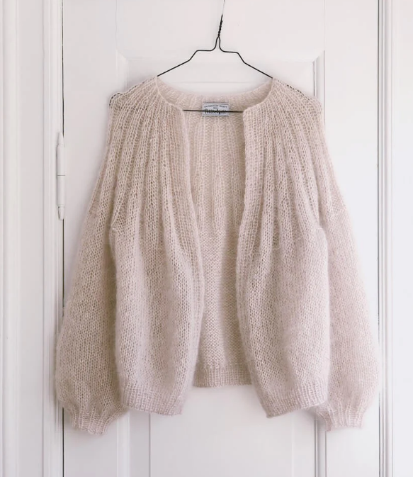 Alpaca Yarns Halo and laceweight yarn held together as a substitute for the PetiteKnit Sunday Cardigan Mohair Edition
