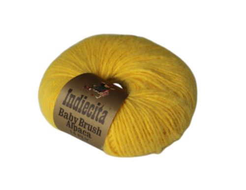Yellow skein of alpaca yarn with a label on a white background