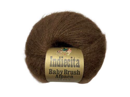 Brown skein of alpaca yarn with 'Indiecita' label on a white background