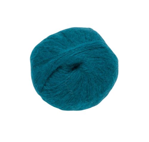 Teal skein of alpaca yarn on a white background
