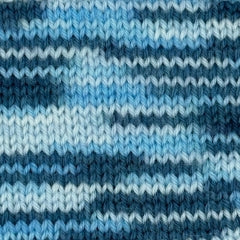 A knitted sample of blue colour changing Crucci Soft Pure Wool 4 Ply yarn