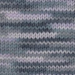 A knitted sample of grey colour changing Crucci Soft Pure Wool 4 Ply yarn