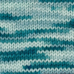 A knitted sample of teal colour changing Crucci Soft Pure Wool 4 Ply yarn