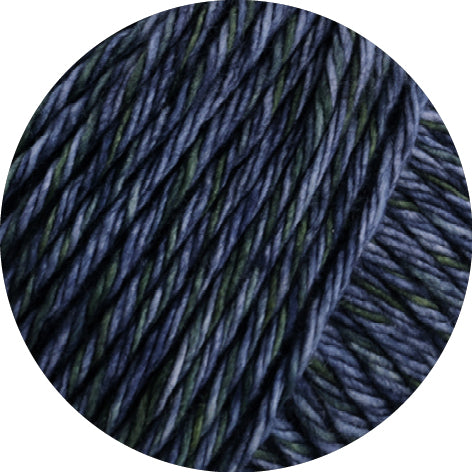 Close-up of dark blue yarn with green flecks - Lana Grossa Vintage Chunky yarn the wool shop nz