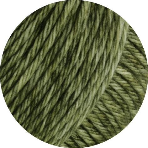 Close-up of green Lana Grossa Vintage Chunky yarn on a white background