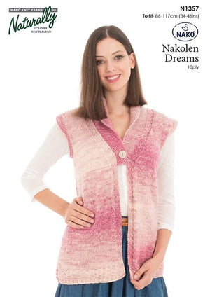 Woman wearing a pink knitted vest with Naturally Patterns branding on a white background