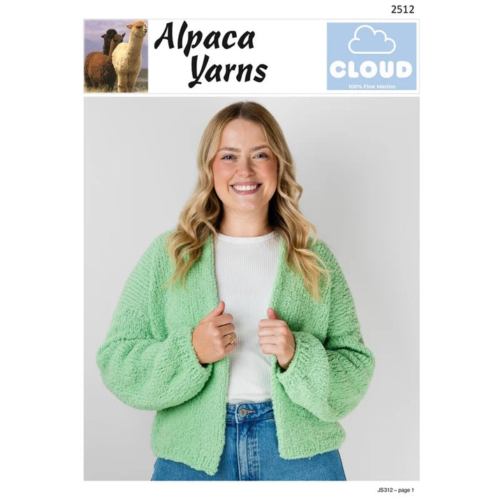 Knitting pattern cover for 'Alpaca Yarns' by Cloud Knit Co., showing a smiling woman wearing a light green bouclé cardigan over a white top and blue jeans.