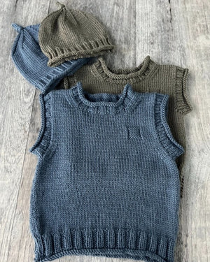 The Kiwi Stitch and Knit Co Rudy Rolled Edge Vest and Hat - (8ply Child)