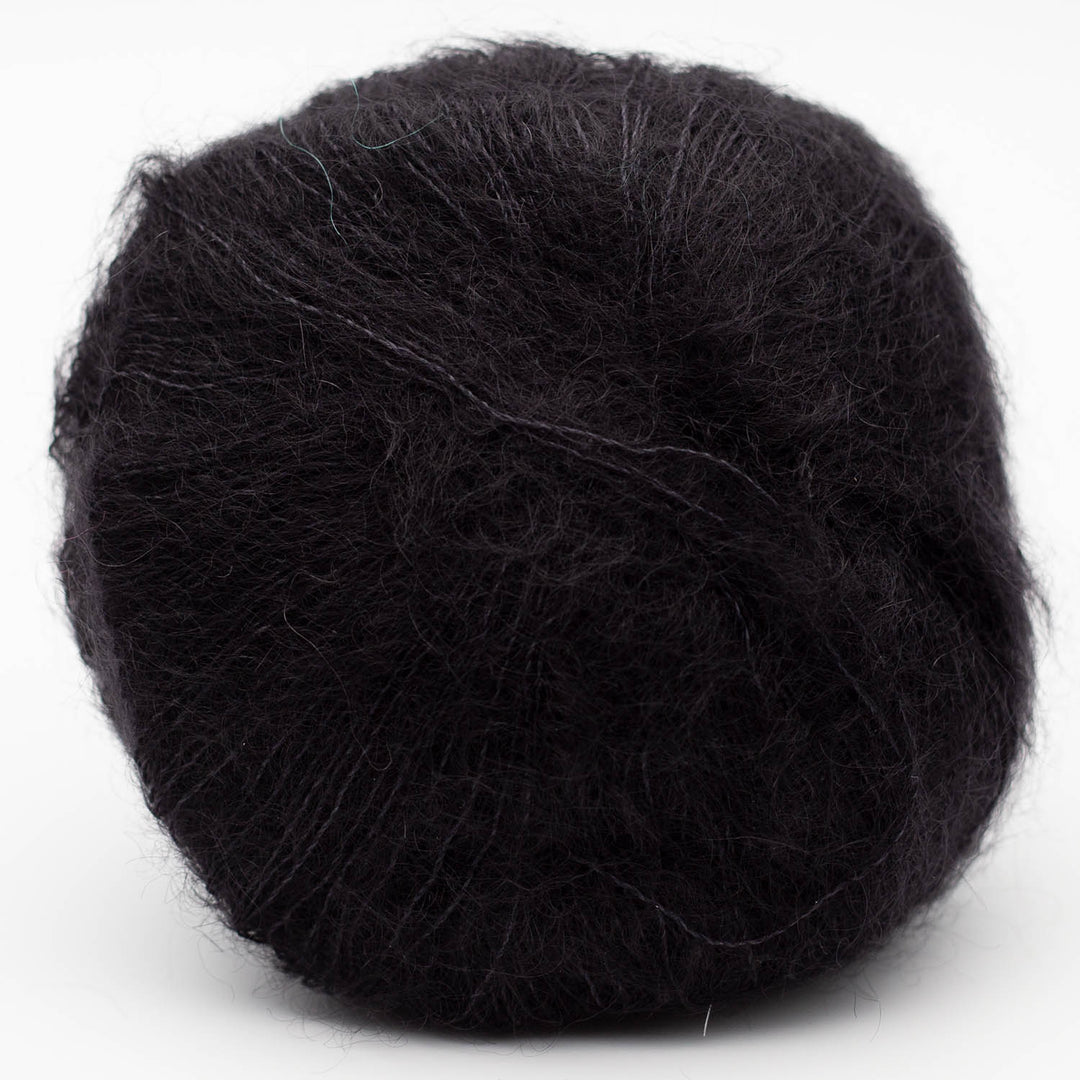 Black Silky Kid yarn ball on a white background - The Wool Shop NZ