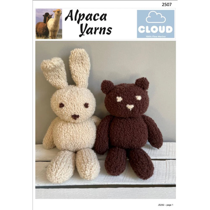 Pattern cover for 'Alpaca Yarns' by Cloud 100% Eucalyptus Yarns, showing two crocheted plush toys: a cream-colored alpaca bunny and a dark brown alpaca bear, sitting on a white wooden surface.