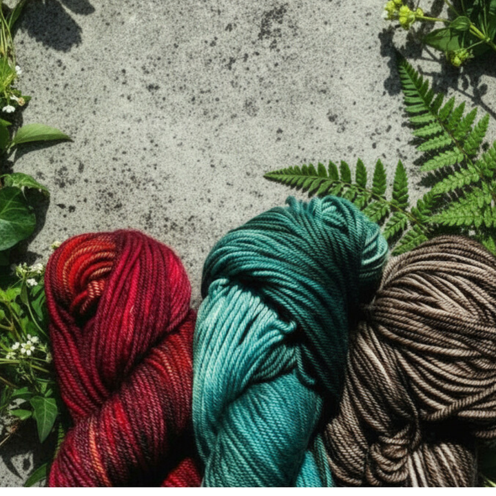 Three skeins of yarn in red, green, and brown on a concrete surface with plants around.