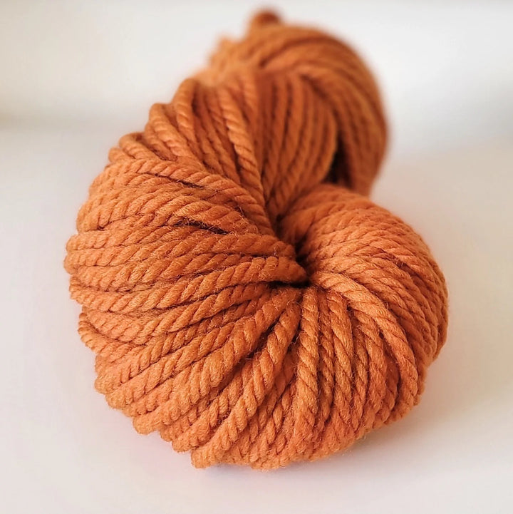 Ball of orange Woolly Yarn Co Super Woolly yarn on a white background in the shade ounkin