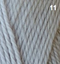 A skein of Countrywide Aran Knit 10 Ply wool yarn in silver color.