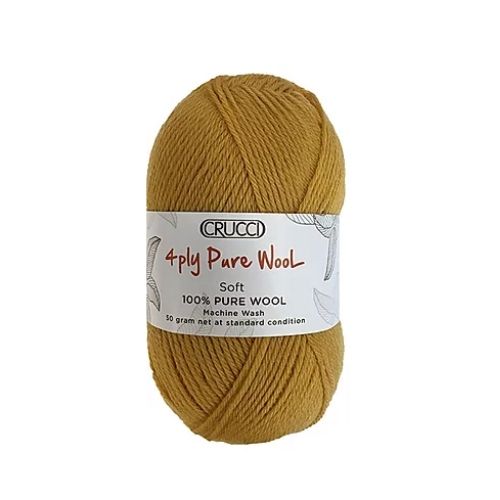 A skein of Crucci brand pure wool 4 ply yarn in yellow color.
