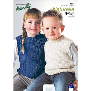 Children's vests in navy blue and cream on a pattern cover.