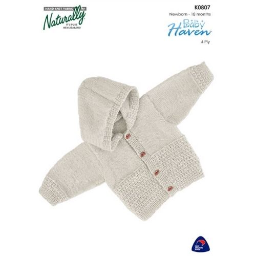 A gray baby jacket patterned garment, labeled as 'Naturally Pattern K0807', designed for newborns to 18 months old.