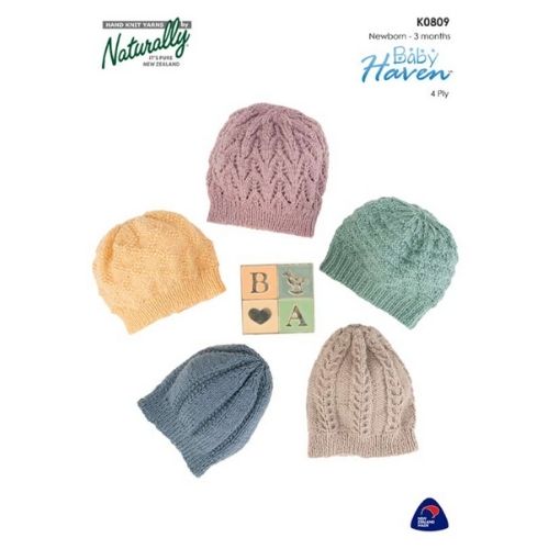 A collection of five knitted hats in various colors, designed for babies, displayed with a label that reads Naturally Baby Haven K0809.