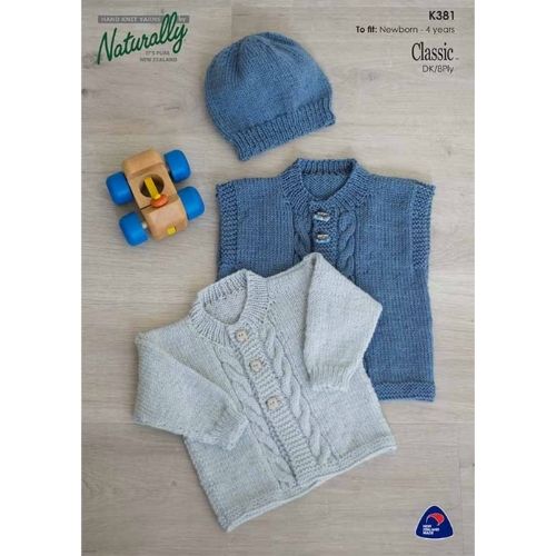 Children's knitwear pattern set including a blue beanie, gray jacket, and blue hat, labeled for sizes newborn to 4 years.