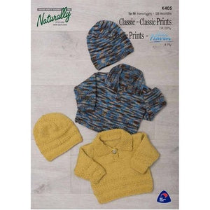 An image featuring a baby hat and a baby sweater with a geometric pattern, labeled as Naturally K405, suitable for kids.