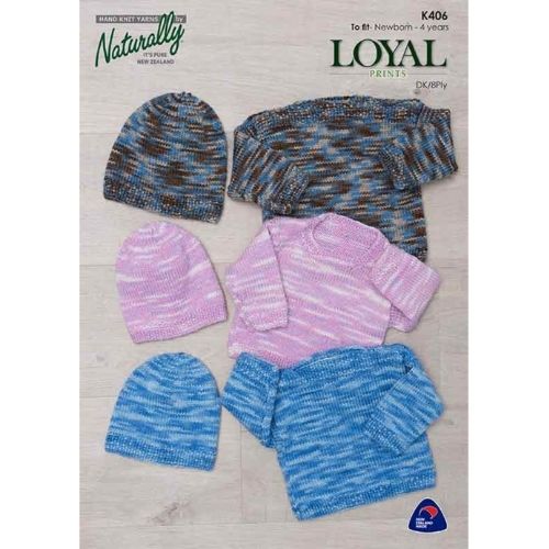 A collection of knitted hats and sweaters for children, featuring various patterns such as dots and stripes, primarily in blue and pink colors.