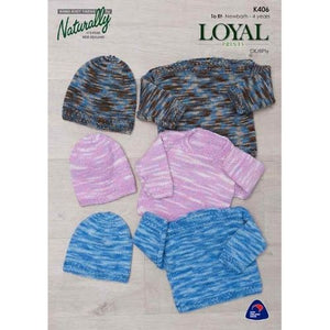 A collection of knitted hats and sweaters for children, featuring various patterns such as dots and stripes, primarily in blue and pink colors.
