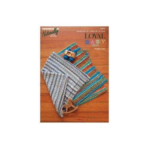 A knitting pattern for a baby's blanket, featuring a striped design with colorful details.