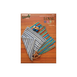 A knitting pattern for a baby's blanket, featuring a striped design with colorful details.