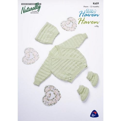Cream knitted baby sweater and hat pattern, 0-6 months old.