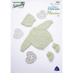 Cream knitted baby sweater and hat pattern, 0-6 months old.
