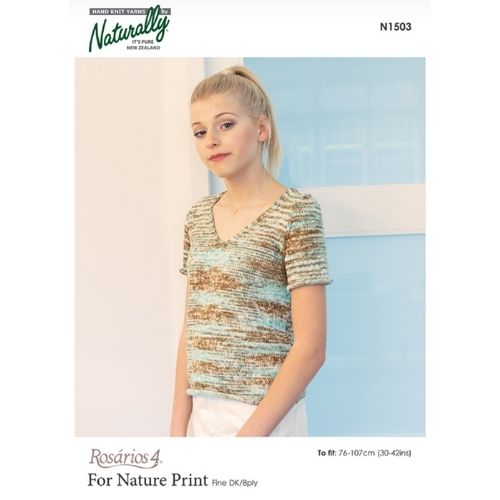 A product image featuring a female model wearing a green and brown Naturally branded top with a nature print, from a Naturally with Love magazine.