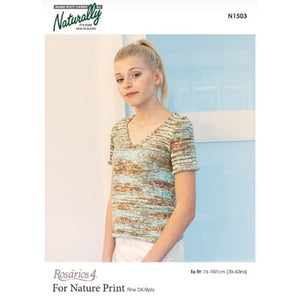 A product image featuring a female model wearing a green and brown Naturally branded top with a nature print, from a Naturally with Love magazine.
