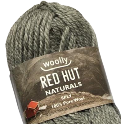 A skein of Woolly Red Hut Naturals 8 Ply yarn in a gray color, with branding and product information labeled on the packaging.